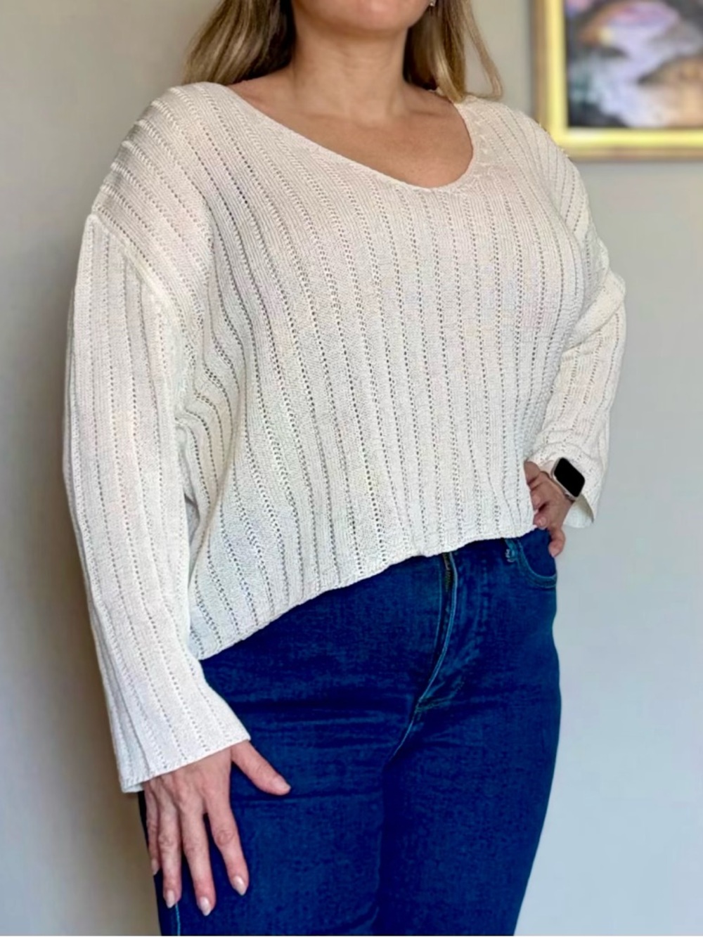 Relaxed Cream V-Neck Open-Stitch Sweater